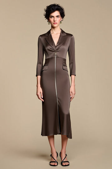 Brown Notched Lapel Sheath 3/4 Sleeves Long Work Dress
